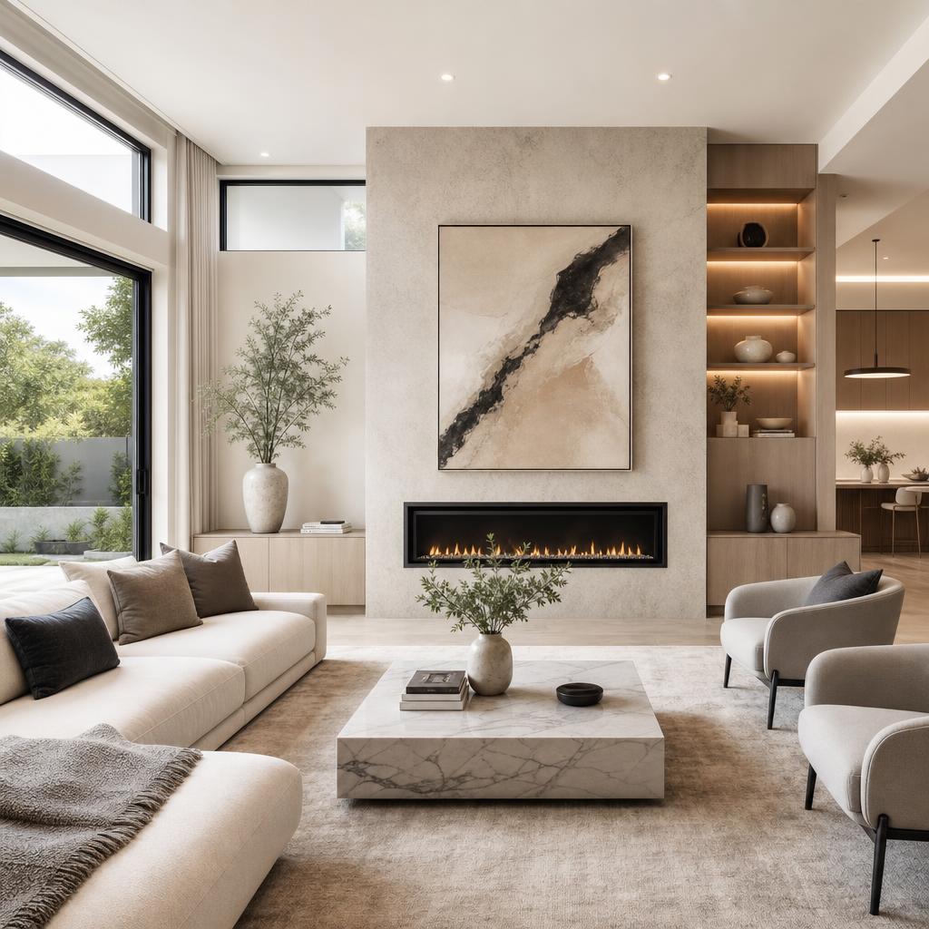 Stylish modern living room with fireplace and designer furnishings